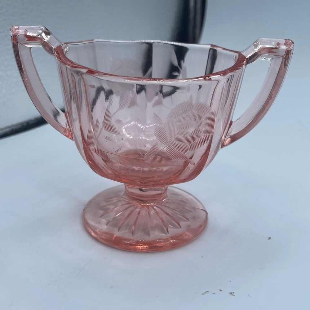 Vintage deep pink etched depression glass open sugar bowl pedestal base